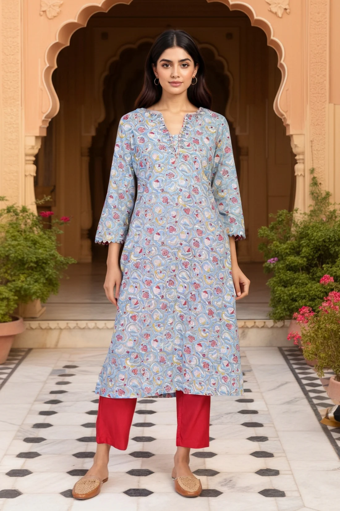Blue Block Print Mirror Work Straight Cotton Kurtas